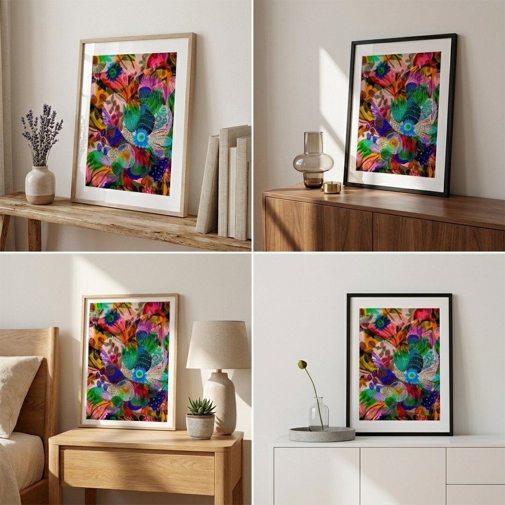 Colorful abstract art in various frames displayed in different rooms.