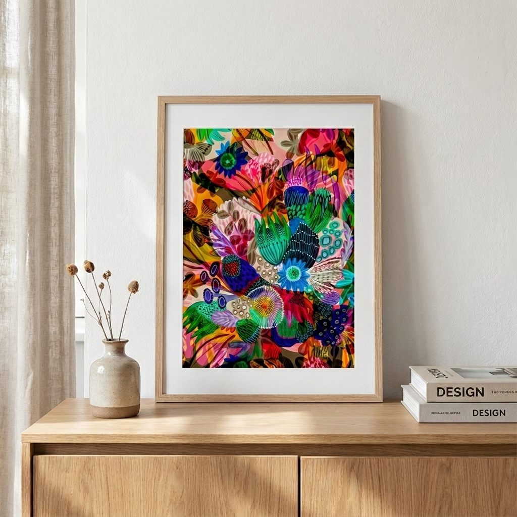Colorful abstract art print in a wooden frame on a wooden surface with books and a vase.