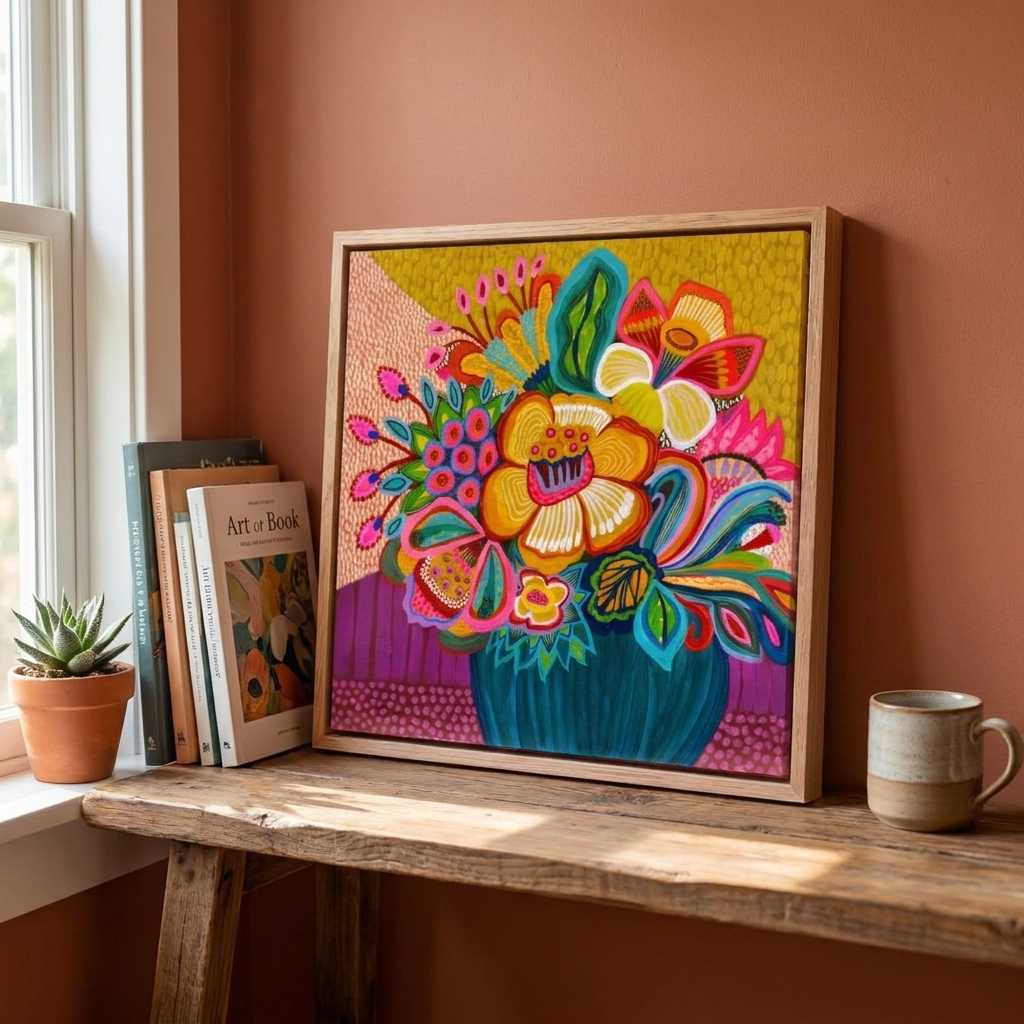 Colorful floral artwork in a wooden frame on a wooden shelf with books and a mug.