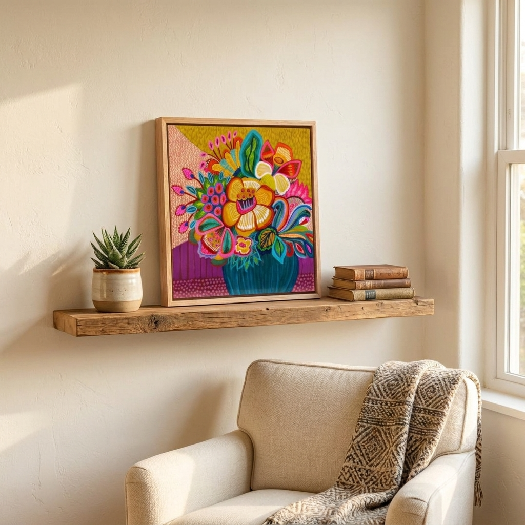 Colorful floral artwork on a wooden shelf above a beige armchair with a patterned blanket.
