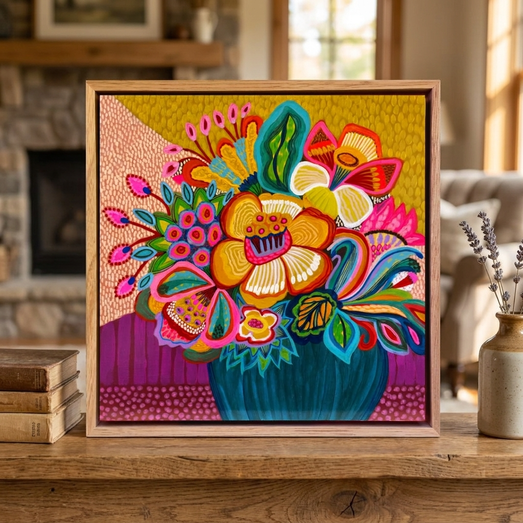 Colorful floral artwork in a wooden frame on a table with a home interior background.