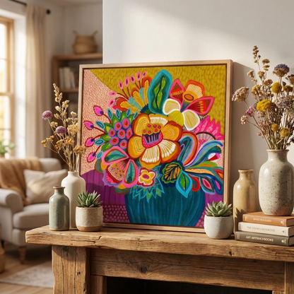 Colorful floral artwork on a wooden table with decorative items
