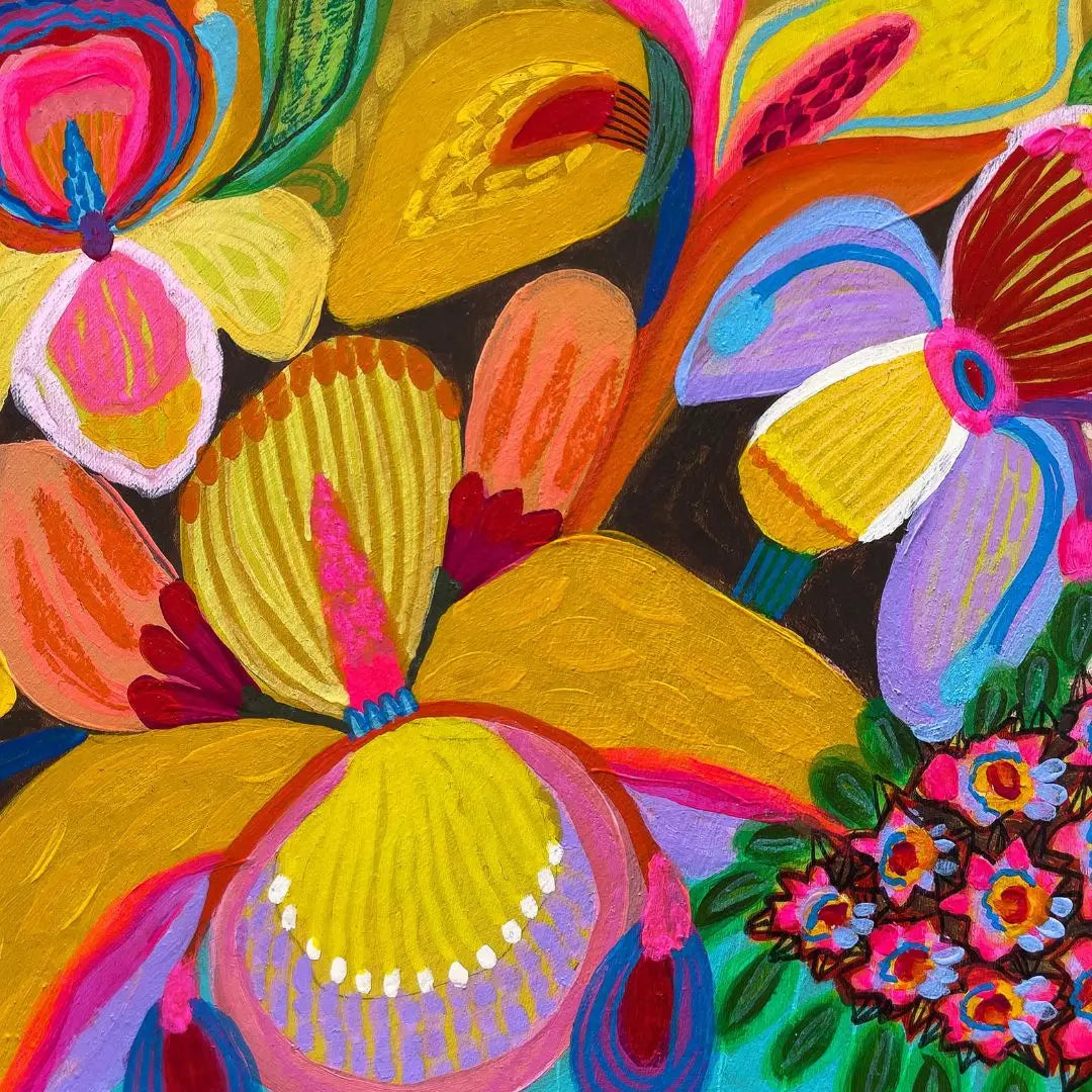 Colorful abstract floral design with vibrant colors on a black background