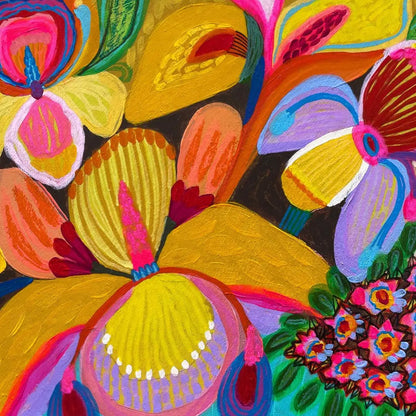 Colorful abstract floral design with vibrant colors on a black background