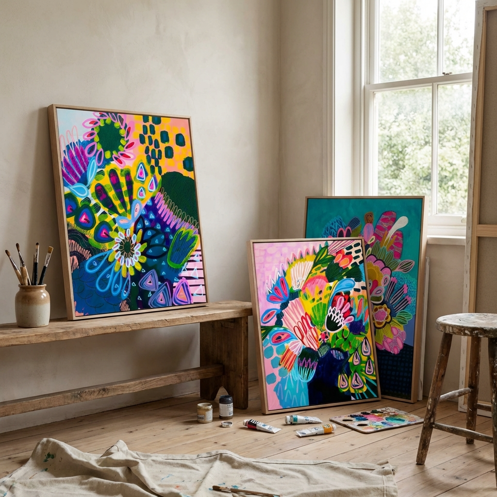 Colorful abstract paintings in a studio setting with a window in the background.