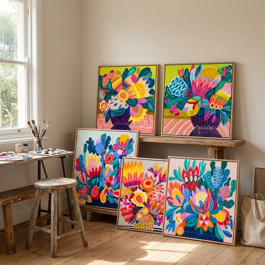 Colorful abstract artworks on easels in a room with a window and wooden floor.