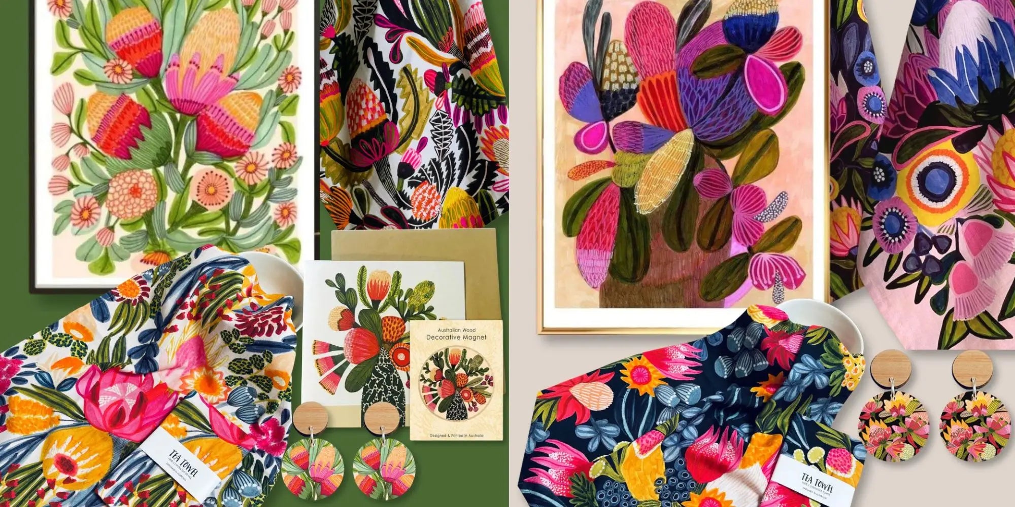 Collage of colorful floral and abstract designs on various products.