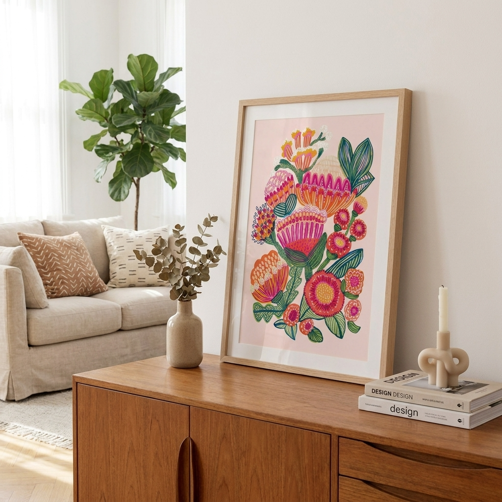botanical wall art print inspired by desert flora styled in a contemporary living room