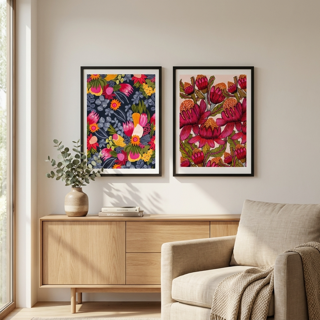 Living room with 2 botanical framed art prints on the wall, a wooden sideboard, and a beige armchair.