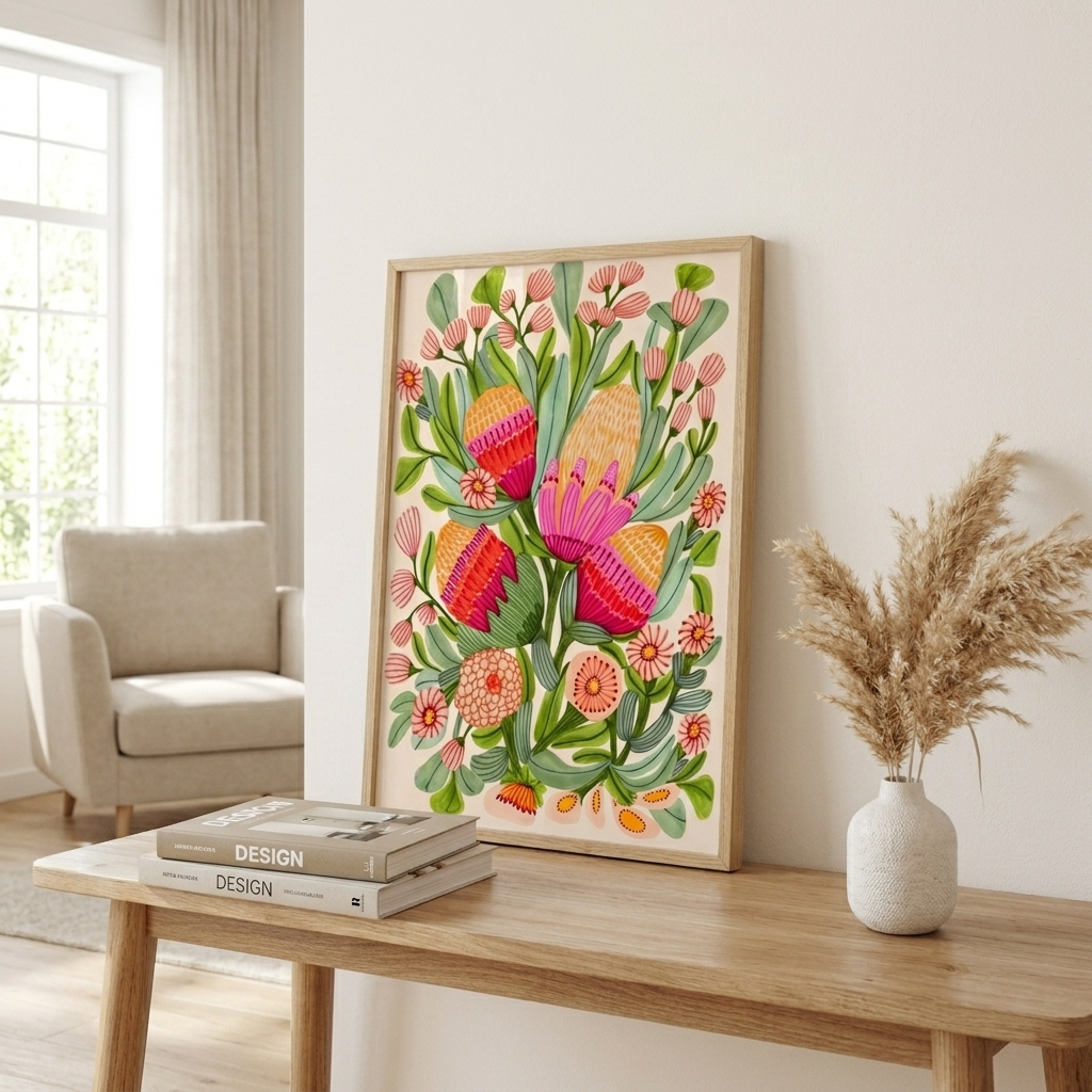 Colorful floral artwork on a wall above a wooden table with books and a vase.