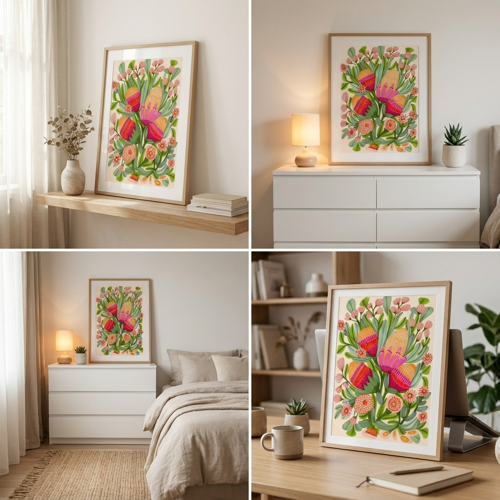 Collage of a colorful floral artwork in various settings including a shelf, dresser, bedroom, and desk.
