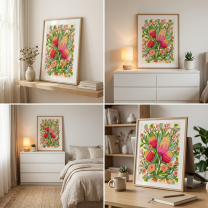 Collage of a colorful floral artwork in various settings including a shelf, dresser, bedroom, and desk.