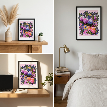 Framed floral artwork displayed in various settings including a desk, nightstand, and bedroom.