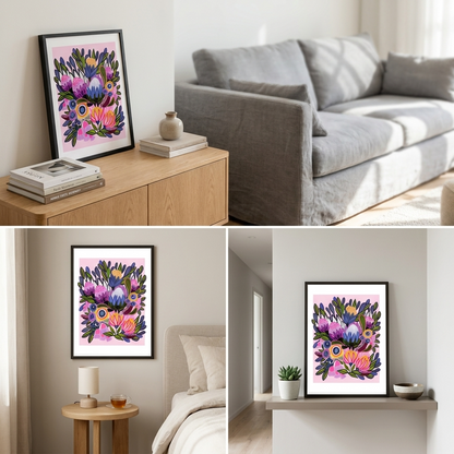 Framed floral artwork displayed in various home settings.