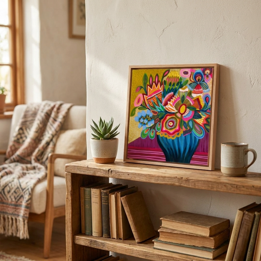 Colorful abstract painting on a wooden shelf with books and a plant