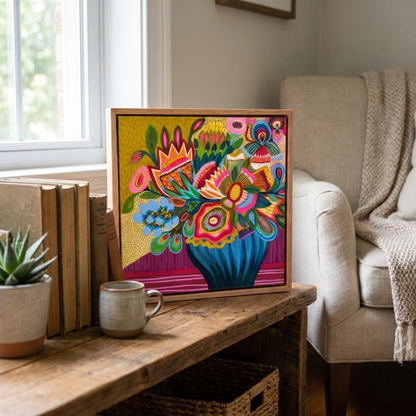 Colorful floral artwork on a wooden table with a cup and books in a cozy living room.