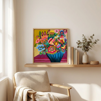 Colorful abstract painting on a wall above a wooden shelf with books and a plant.