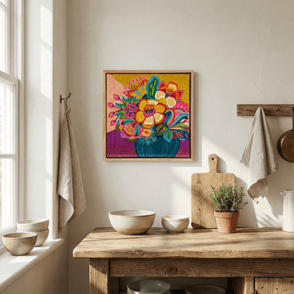 Colorful floral artwork on a wall above a wooden table with kitchen items.
