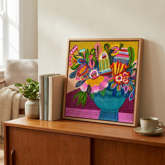 Colorful floral artwork on a wooden surface with books and a cup.