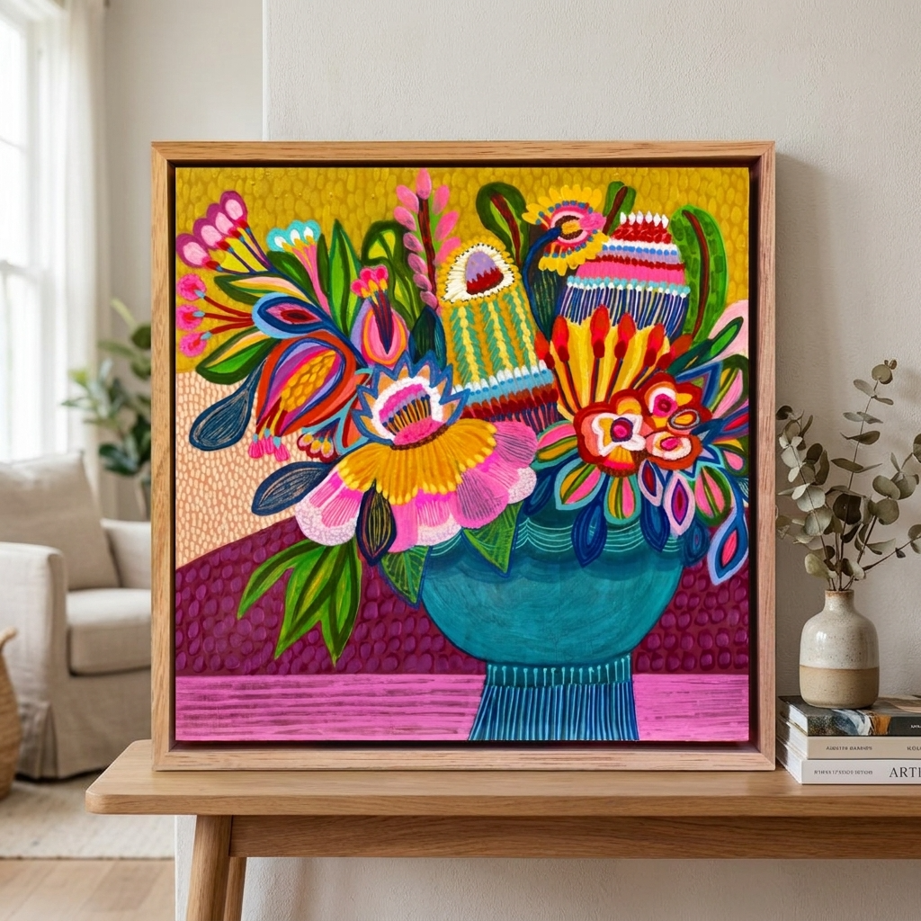 Colorful abstract artwork in a wooden frame on a table in a living room.