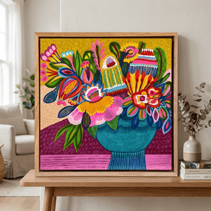 Colorful abstract artwork in a wooden frame on a table in a living room.