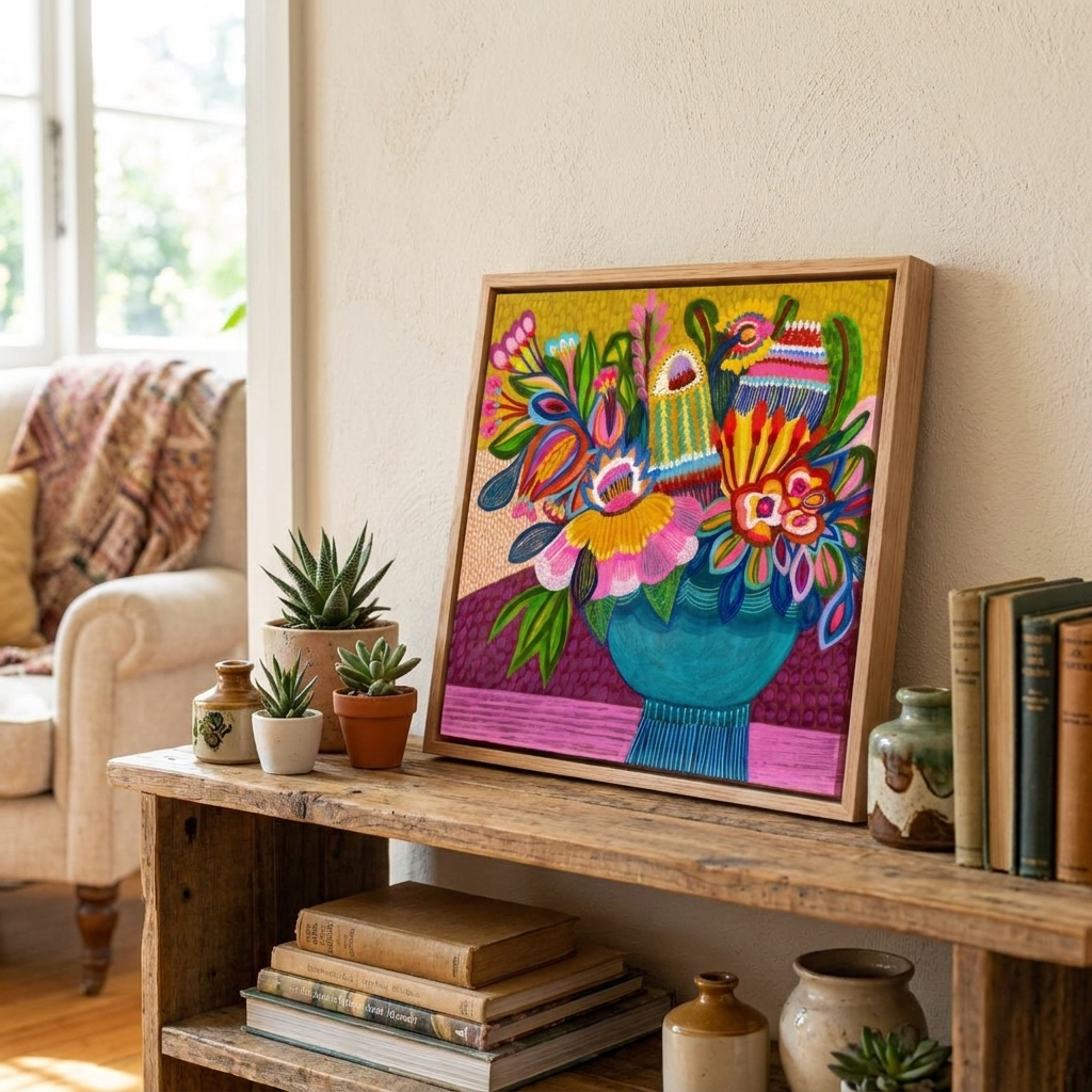 Colorful floral artwork on a wooden shelf with books and plants