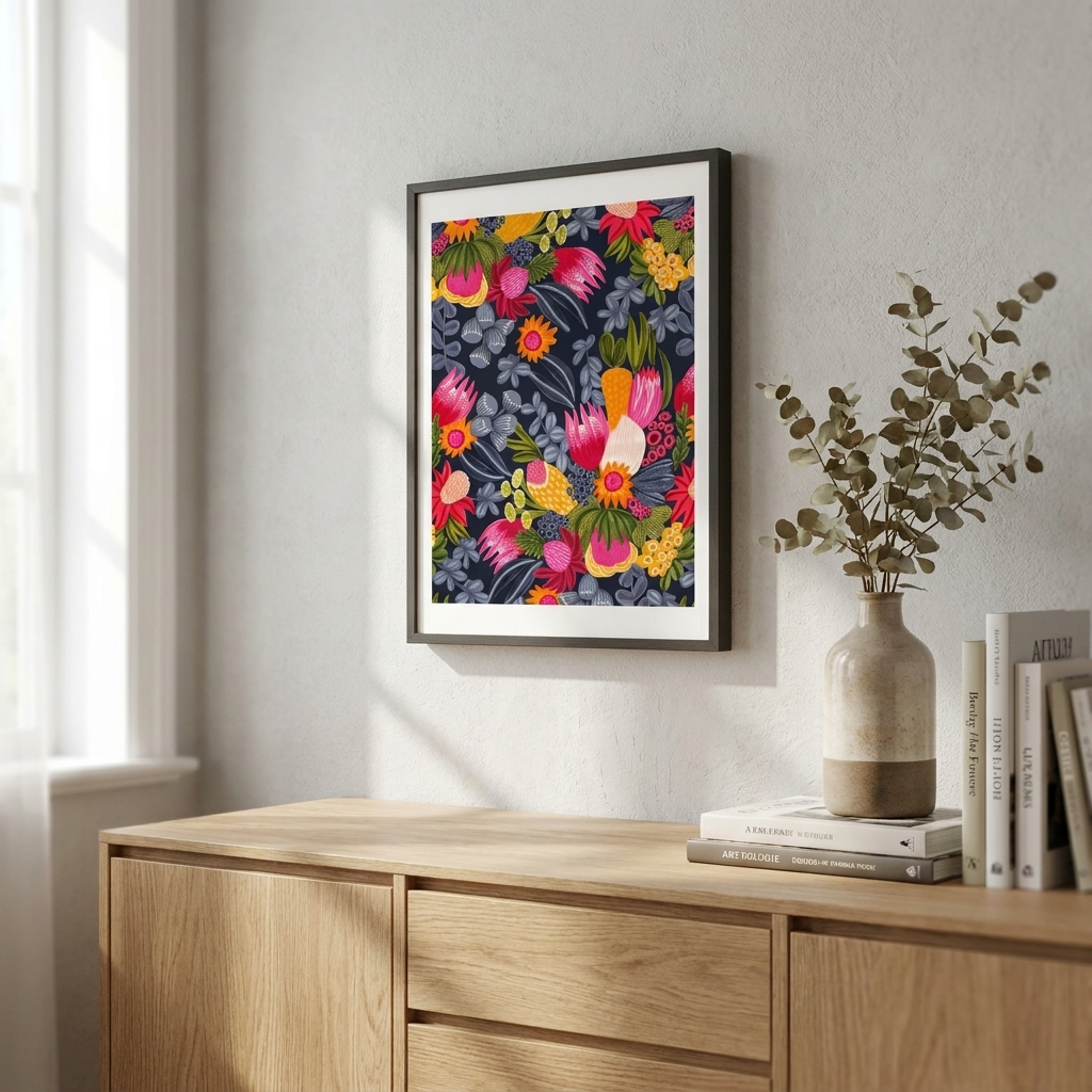 white protea bush flowers botanical art print framed in a modern interior