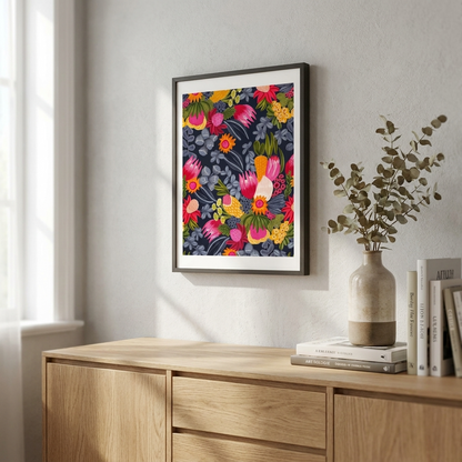 white protea bush flowers botanical art print framed in a modern interior