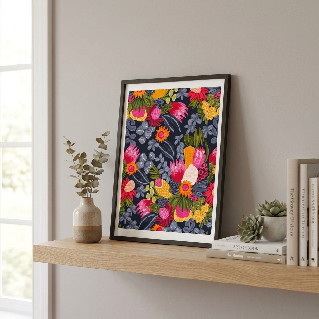 Australian botanical wall art print with white proteas styled in a contemporary living room