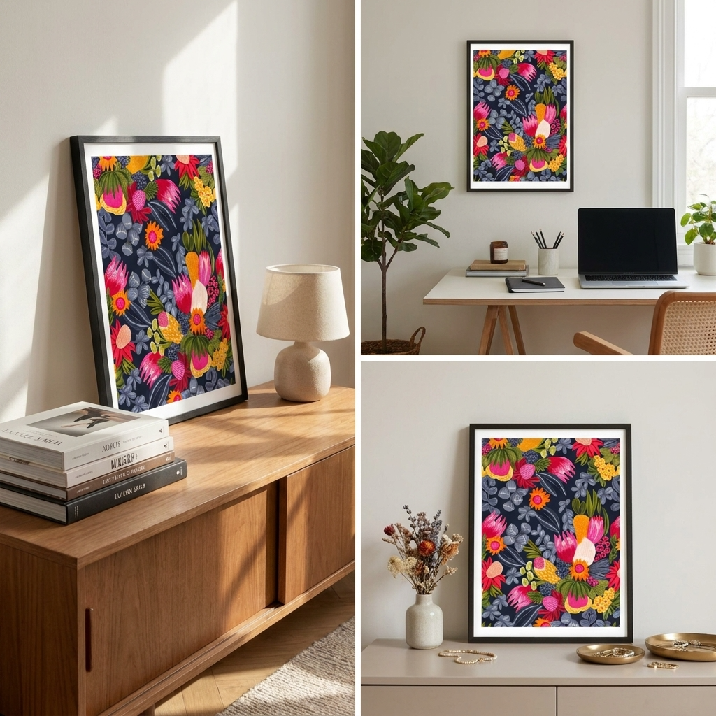 Collage of a botanical framed art prints in various home settings 