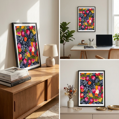 Collage of a botanical framed art prints in various home settings 