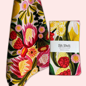 Festive Proteas Australian tea towel, printed from an original painting by artist Kirsten Katz