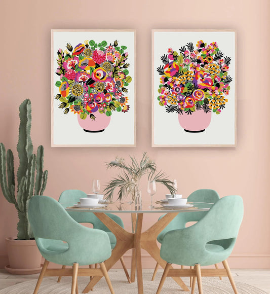 Colour Pop bouquet pink vase print set by Kirsten Katz — two bright floral bouquets in soft pink vases