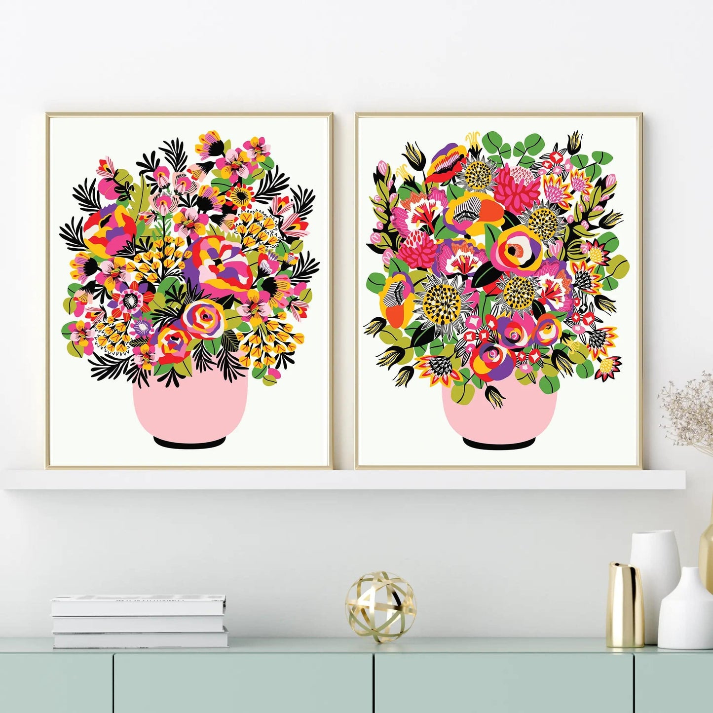 Modern floral pink vase art pair by Kirsten Katz
