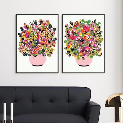 Colour pop flowers in pink vases print pair by Kirsten Katz
