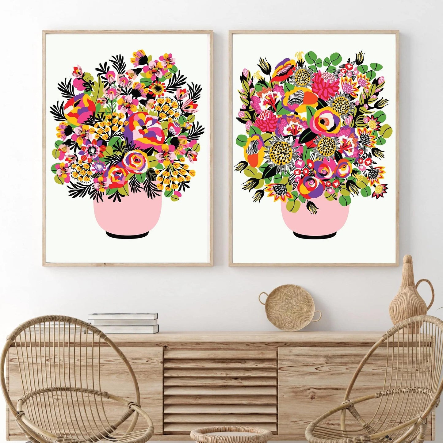 Bright modern flowers in a pink vase by Kirsten Katz