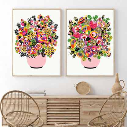 Bright modern flowers in a pink vase by Kirsten Katz