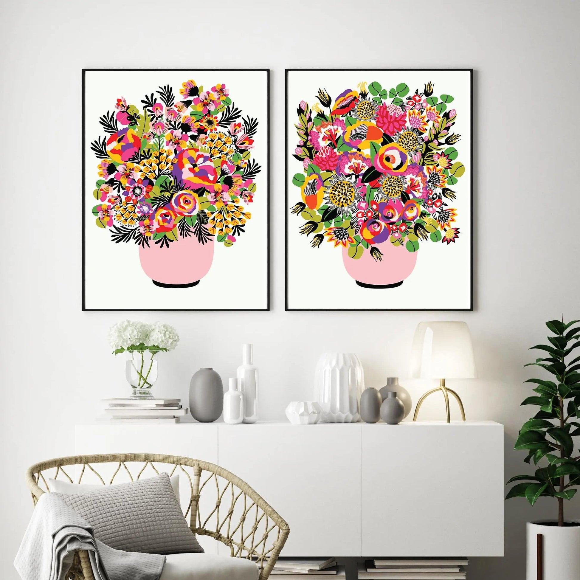 Colourful bouquet in a pink vase art print by Kirsten Katz