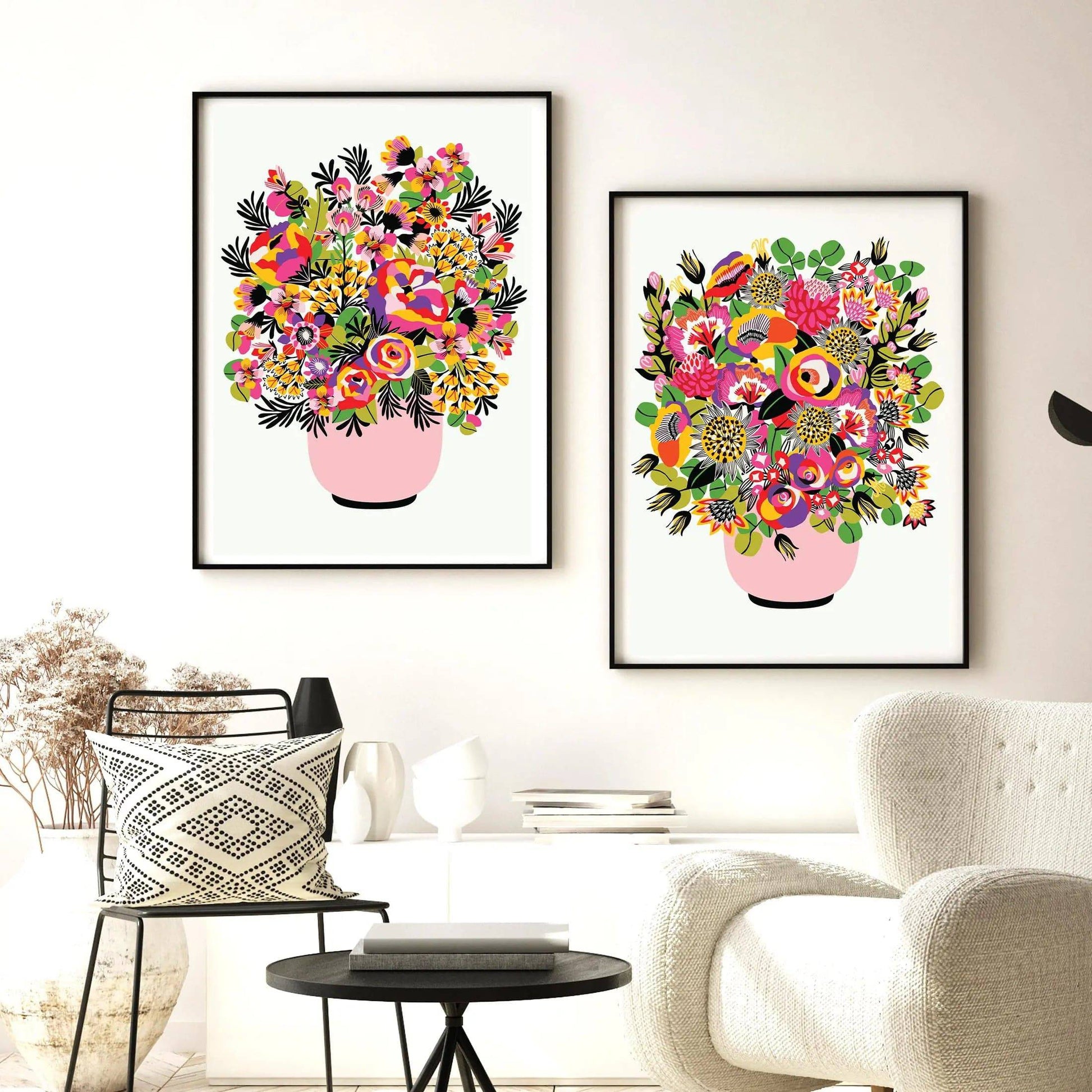 Cheerful floral still life in pink vase by Kirsten Katz