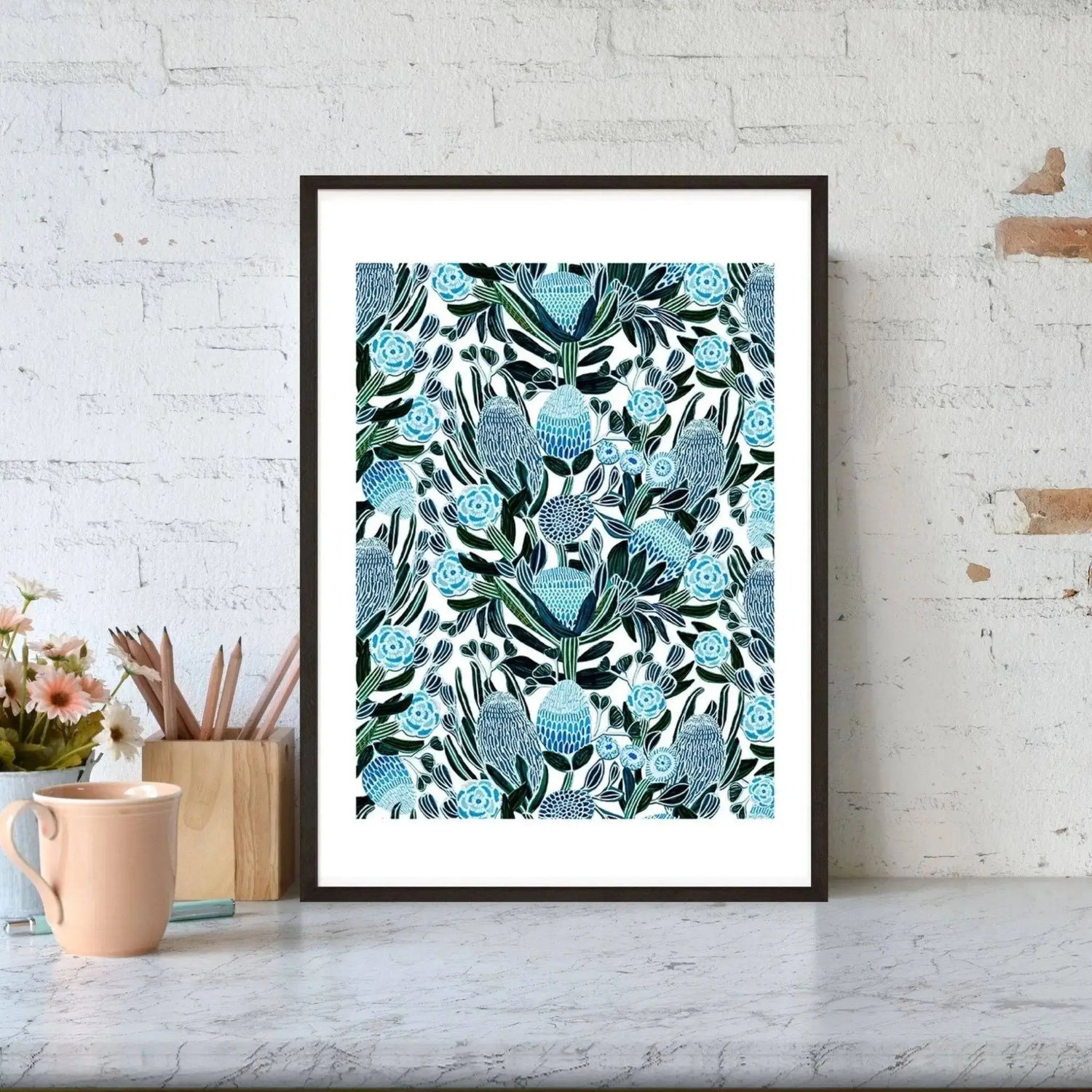 Blue Banksia Botanical art print by Kirsten Katz — banksias and gum blossoms in tonal blue with white linework
