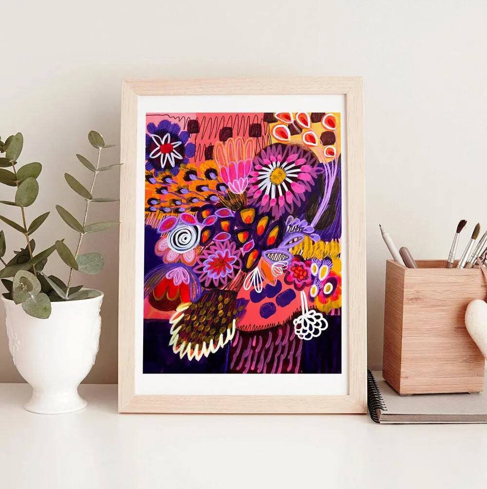 A Mixed Bunch wall art print by Kirsten Katz — loose abstract flowers in a vase in bright colour