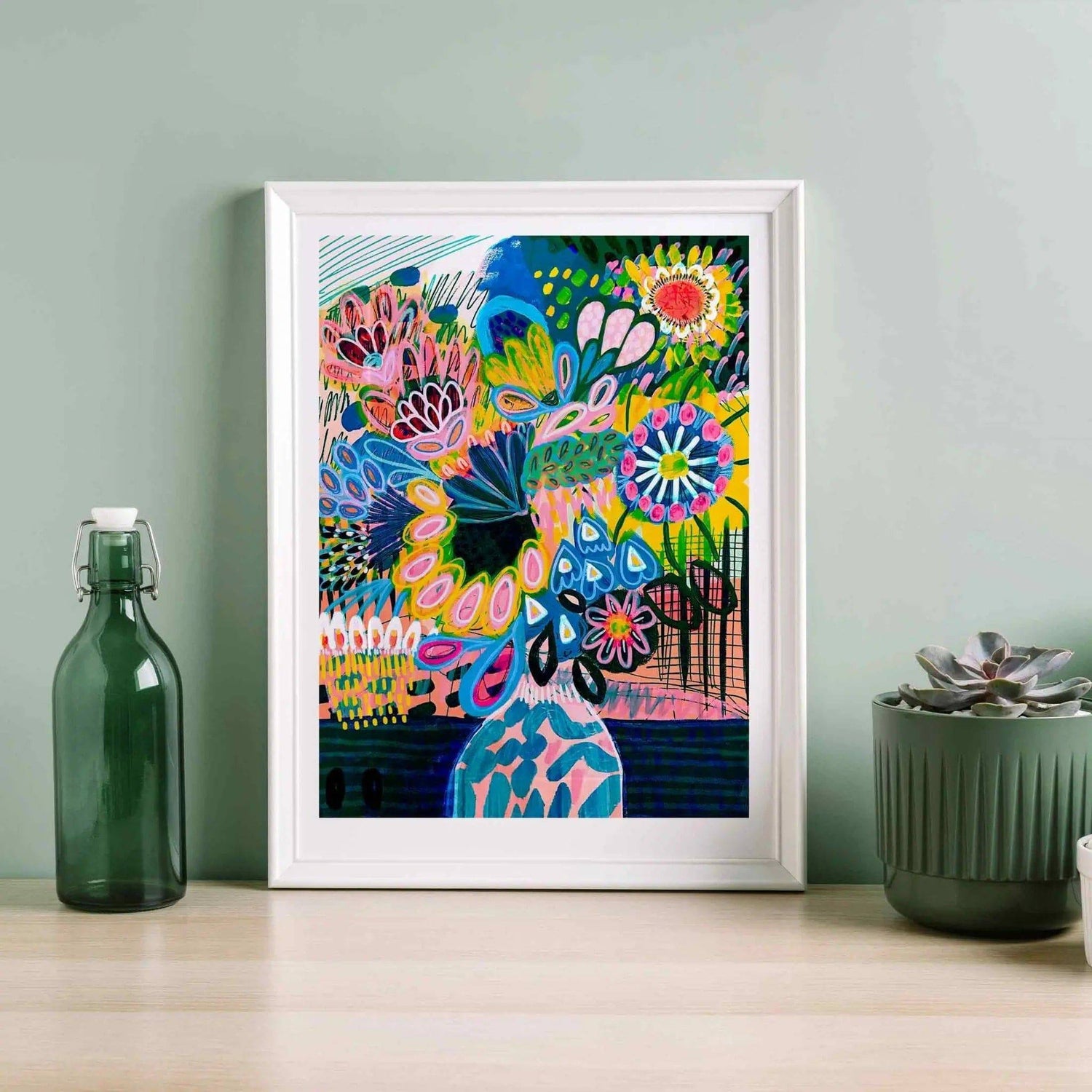 Abstract Flowers in Vase wall art print by Kirsten Katz — Summertime, stylised native blooms bursting from a vase