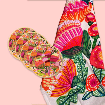 Aussie Natives Tea Towel & Coaster Set - Kirsten Katz