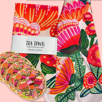 Aussie Natives Tea Towel & Coaster Set - Kirsten Katz