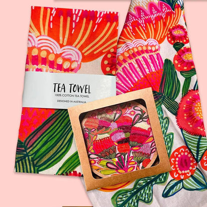 Aussie Natives Tea Towel & Coaster Set - Kirsten Katz