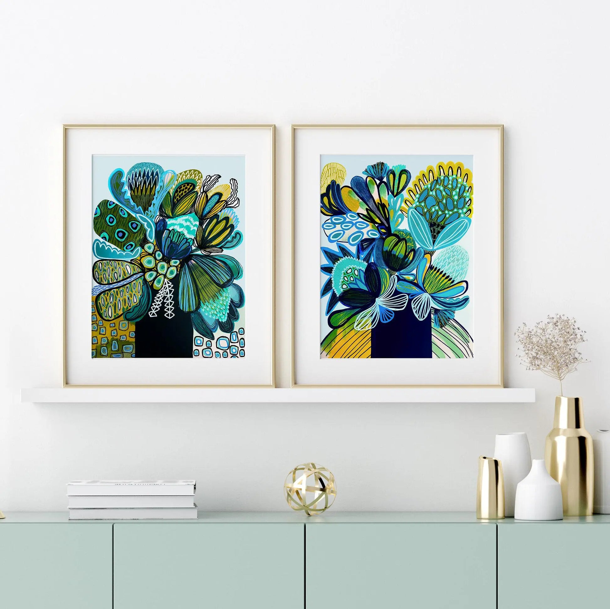 Australia Blue Abstract Flower Wall Art Print Set - Kirsten Katz