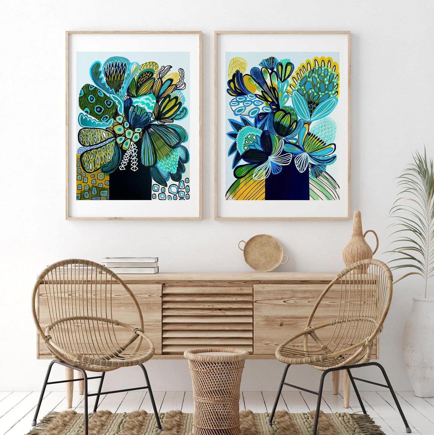 Australia Blue Abstract Flower Wall Art Print Set - Kirsten Katz