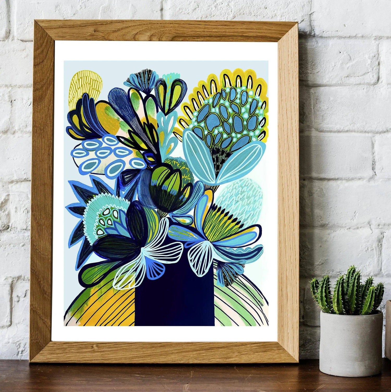 Australia Blue Bush Flora art print by Kirsten Katz — native banksias and proteas in cool blue tones