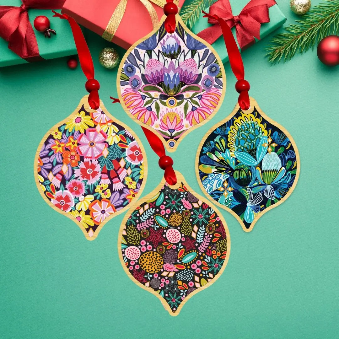 Australian Christmas Floral Bling Wooden Bauble Set Kirsten Katz