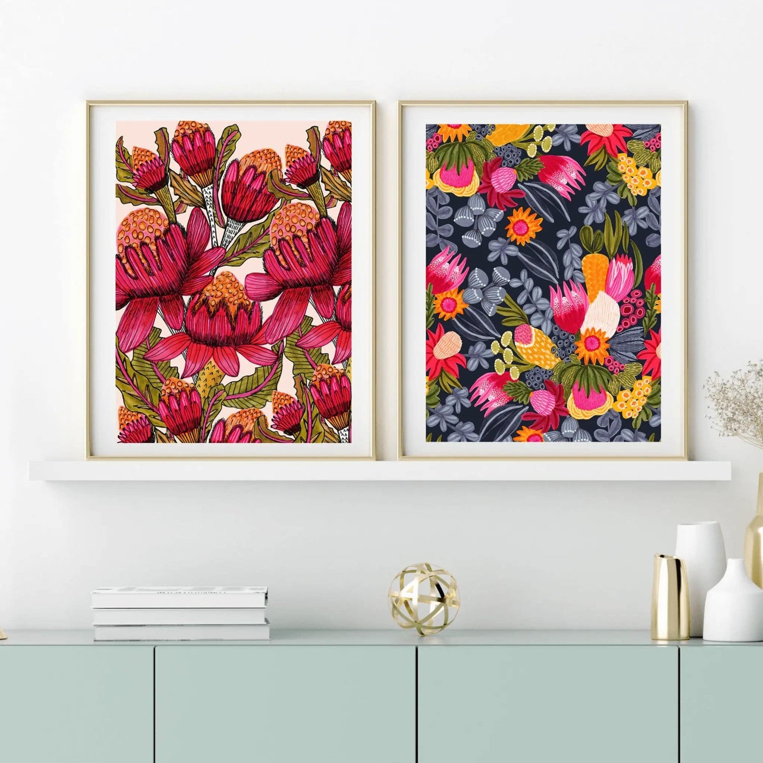 Waratah and bush flowers print set by Kirsten Katz — waratahs on cream, dense bush flowers on dark